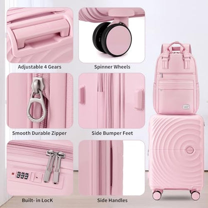 LARVENDER Expandable Carry On 3 Piece Luggage Set with Backpack 20 Inch - color: Light Pink, style: 3 Piece Sets