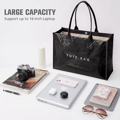 KALIDI PVC Tote Bag Women’s Kraft Paper Work Handbags Purses with Top Handle - color: Black