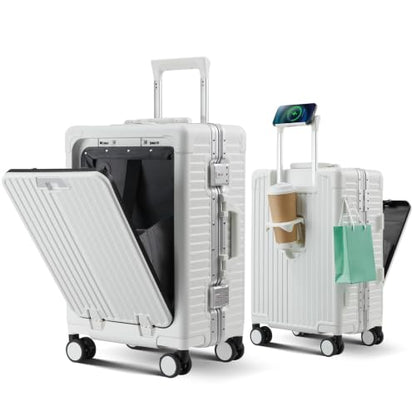 Carry on Luggage Aluminium Frame with Cup Holder,Top opening Suitcases and USB Charging Port,Lightweight with Front Pocket Rolling Suitcases with Spinner Wheels (Beige, 20Inch)