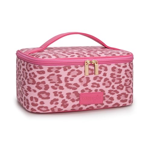 Wrangler Travel Makeup Bag 2pcs Set Cosmetic Bag with Makeup Brush Holder - color: Leopard-Pink