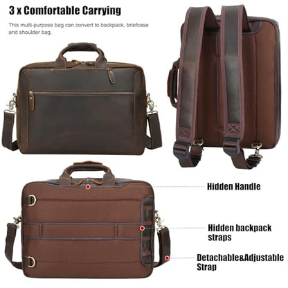 TIDING Full Grain Leather Convertible Briefcase Backpack for Men - color: Dark Brown