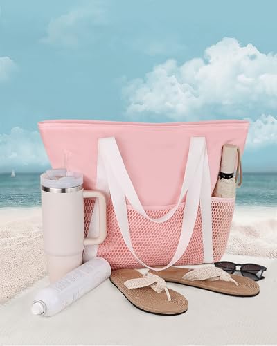 HOMESPON Beach Bag Large Waterproof Sandproof Tote for Women with Zipper and Mesh Pockets | 2 Sizes up to 41L, Wet-Dry Separation, Inner Security Pocket, Pool Cruise Yacht & Spa - color: Pink, size: Medium