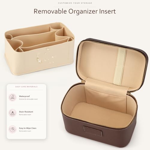Makeup Bag Travel Toiletry Leather Cosmetic Case, Waterproof Makeup Organizer with Brush Holder, Wipe Clean Removable Divider Vanity Train Bag for Women, Brown Coffe - color: Brown Coffe