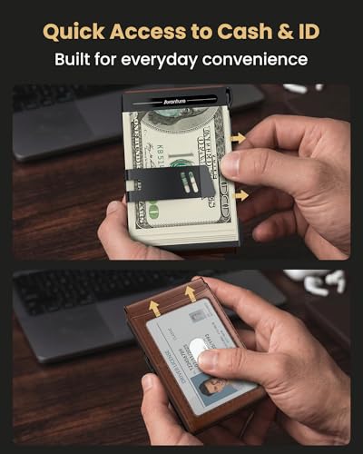 Wallet for Men Card Holder: Pop Up Card Case, Genuine Leather, Smart, RFID Blocking, Slim, Minimalist, Thin, Front Pocket - 12 Card Capacity, ID Window, Money Clip (Brown) - color: Brown