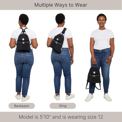 Baggallini Naples Convertible Backpack - Travel Sling Crossbody - 12" Nylon Handbag w/ RFID & Padded Tablet Sleeve - color: Silver Metallic Quilt