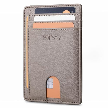 Buffway Slim Minimalist Front Pocket RFID Blocking Leather Wallets for Men and Women - Lichee Khaki - color: Lichee Khaki