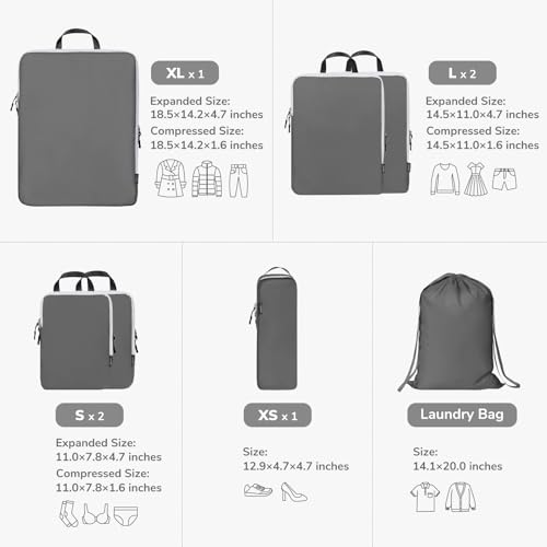 CherryNow 7 Set Compression Travel Packing Cubes for Suitcases, Grey - color: Grey