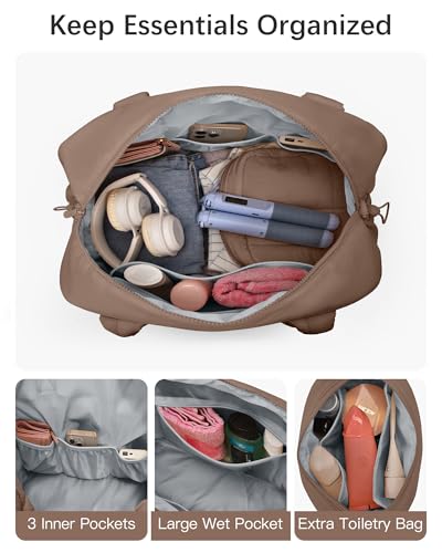 oscaurt Gym Bag for Women Lightweight Duffle Bag for Travel with Toiletry Pouch Water Resistant Carry On Weekender Overnight Duffel - color: Brown-Set