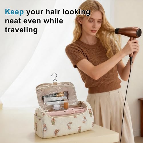 Quilted Travel Case Compatible, Toiletry Bag for Hair Curler Tools and Accessories, Hanging Case with Hook, Beige, 1 Pc - color: Bears