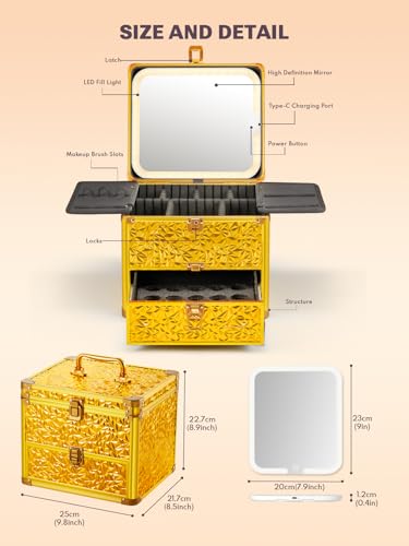 Qislee Makeup Box with Detachable Magnetic LED Mirror, Travel Train Case - color: Bling Gold, size: Large