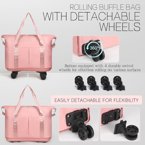 Duffel Bag with Wheels - Rolling Foldable Expandable Duffle bags for Travel, Rolling Under Seat Luggage Carry On Travel Bag, Large Wheeled Overnight Weekender Bag (Pink) - color: Pink