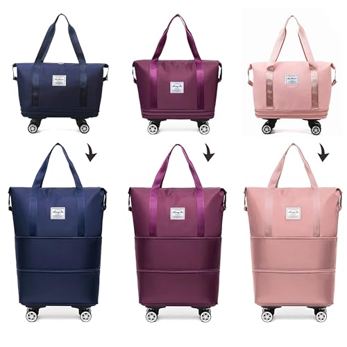Expandable Foldable Duffel Bag with Detachable Rolling Wheels, Large Carry-On Luggage for Travel, Gym, Camping, Shopping, Business Trip (Pink) - color: pink