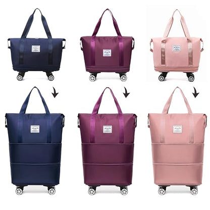 Expandable Foldable Duffel Bag with Detachable Rolling Wheels, Large Carry-On Luggage for Travel, Gym, Camping, Shopping, Business Trip (Pink) - color: pink