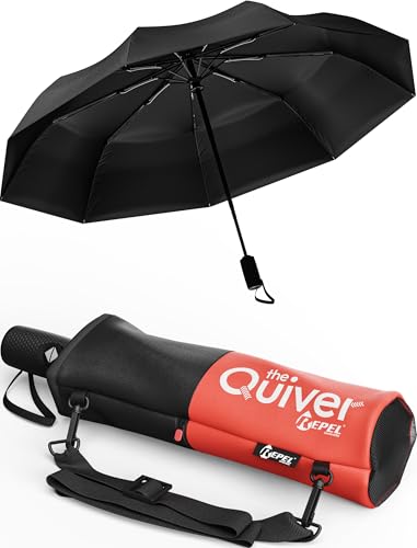 Windproof Travel Umbrella - Compact & Withstands Winds up to 100MPH, Strongest Premium Auto Folding Umbrella for Rain and Sun - Durable, Light & Portable for Women & Men, Fits Backpack & Cars - color: 22. Black with Black/Red Case