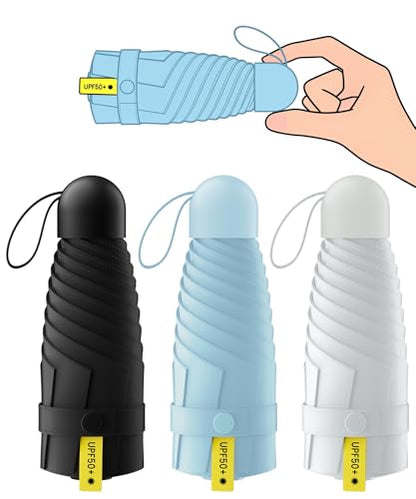 LMUGOOS 3 Pack Mini Travel Folding Umbrella,UPF 50+ UV Compact Portable Sun - color: Black+Blue+Beige