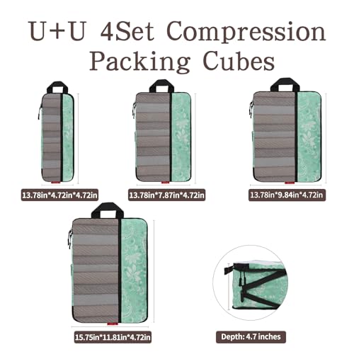 U+U 4 Set Compression Packing Cubes, Travel Organizers (Green Paisley) - color: Green Paisley, size: 4 Set