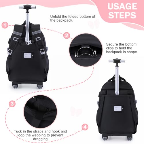 Bevalsa Rolling Backpack for Girls, Roller Backpack with Wheels - color: Black Pink