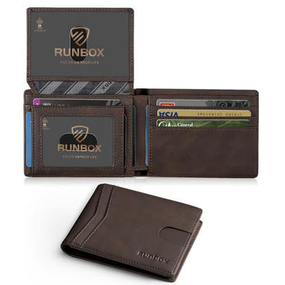 RUNBOX Wallet for Men -Slim Rfid Leather Mens Bifold Novelty Wallets 2 ID Window With Gift Box Men's Accessories - color: CH DARK BROWN