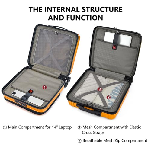 TydeCkare 16" Carry on Luggage with 2 Laptop Compartments Airline Approved | Lightweight Hardshell ABS+PC Suitcase with Dual Control TSA Lock,YKK Zipper,4 Spinner Silent Wheels,Business Travel,Orange - color: Orange