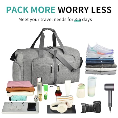 Dimayar 65L Foldable Duffle Bag for Travel, Lightweight Weekender Bags - color: Grey, size: 65L