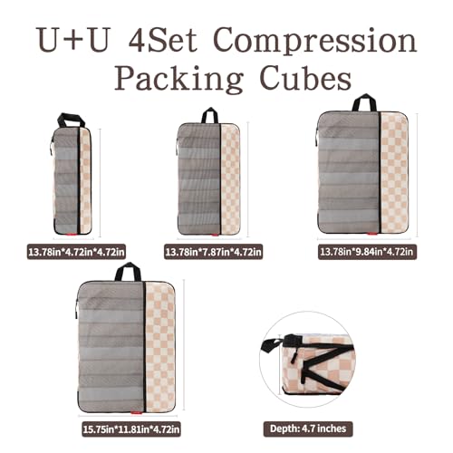 U+U 4 Set Compression Packing Cubes, Travel Organizers (Khaki Checkered) - color: Khaki Checkered, size: 4 Set