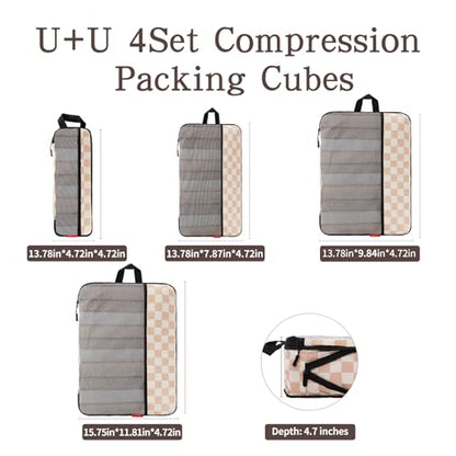 U+U 4 Set Compression Packing Cubes, Travel Organizers (Khaki Checkered) - color: Khaki Checkered, size: 4 Set