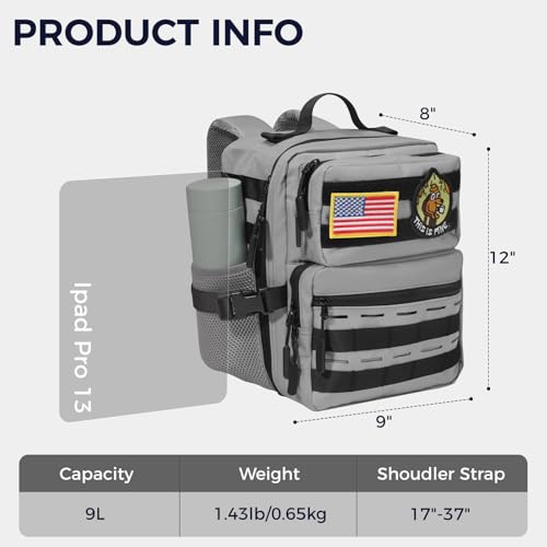 9L Mini Tactical Backpack for Men and Women, Gym Hiking Travel Daypack - color: Gray