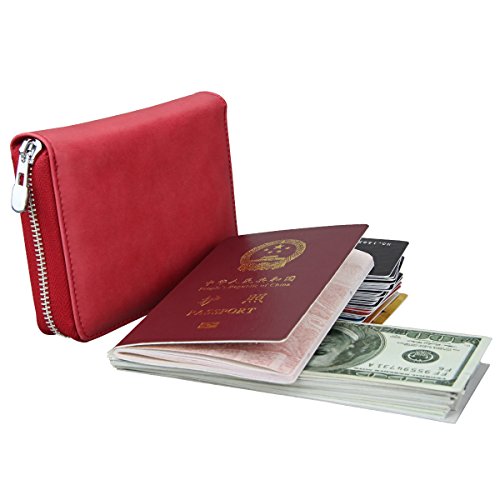 boshiho RFID Blocking 24 Slot Credit Card Holder Wallet Real Leather Multi Card Organizer Wallet with Zipper - color: red