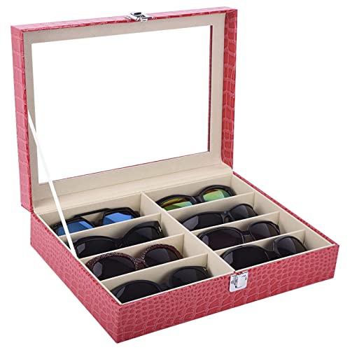 AUTOARK Leather 8 Piece Eyeglasses Storage and Sunglass Glasses Display Case Organizer - color: Rose Red/Beige