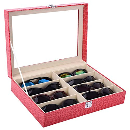 AUTOARK Leather 8 Piece Eyeglasses Storage and Sunglass Glasses Display Case Organizer - color: Rose Red/Beige