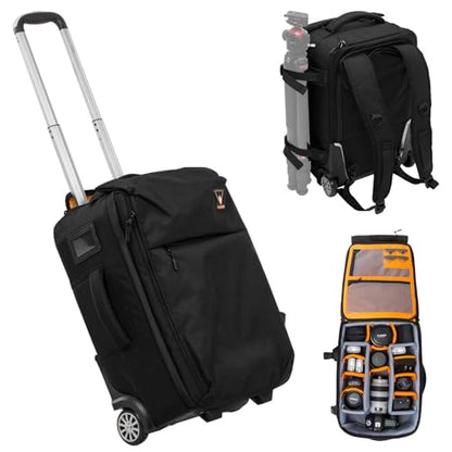 SLINGER 2-in-1 Wheeled Camera Backpack, Rolling Luggage Case with Handle and Anti-Shock Dividers for DSLR Cameras, Lenses, Hoods, Lighting, Tripod, & Accessories, Travel Bag with Wheels