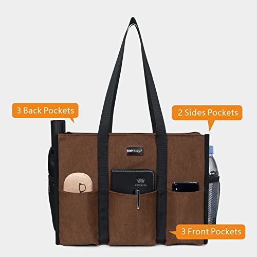 TOPDesign Utility Water Resistant Tote Bag with 13 Pockets, Zipper Closure - color: Brown, size: Large