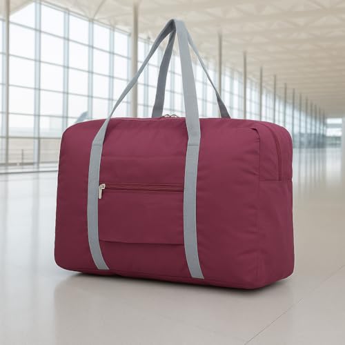 Lightweight Foldable Travel Duffel Bag – Compact Carry-On Luggage for Overnight Trips, Unisex Weekender Bag (Wine red) - color: Wine red