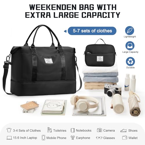 Travel Duffel Bag with Shoes Compartment,Weekender Bags for Women Travel - color: Black, size: Extra Large