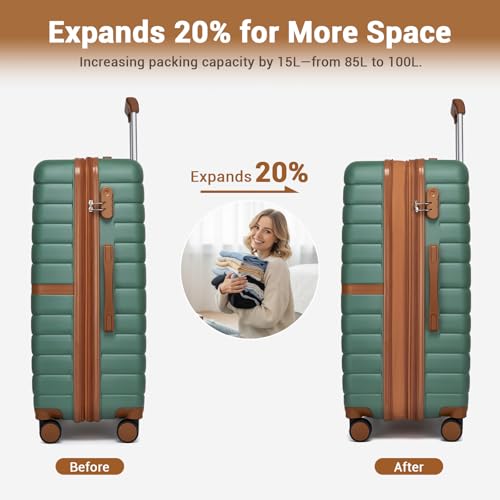 Kono Expandable 28 Inch Luggage with Spinner Wheels, Large Checked Luggage with Lock, Lightweight & Anti-Scratch PC+ABS Hardshell Travel Suitcase, Green/Brown - color: Green/Brown, size: Checked-large 28-inch