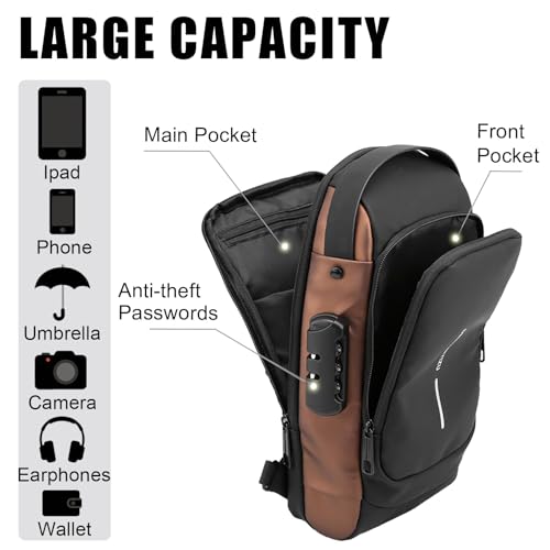 Travel Sling Bag Waterproof Crossbody Bag with Combination Lock Anti-Theft PU Leather Chest Bag - color: Black Gold