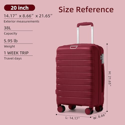 LARVENDER Carry On Luggage 22x14x9 Airline Approved, Suitcases with Wheels - color: Maroon-20in