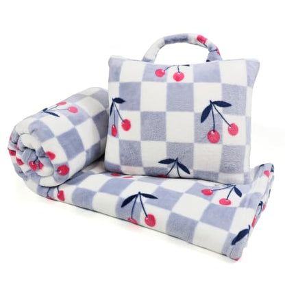 3 in 1 Kids Travel Blanket and Pillow Set with 40x60 Blanket - color: Blue Checkered & Cherry