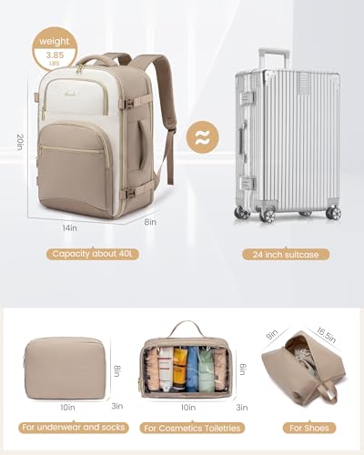 LOVEVOOK Travel Essentials Carry on Backpack 50L Travel Backpack for Women Men,Waterproof TSA Personal Item Travels Bag Airline Flight Approved,Large Carry on Luggage Laptop Backpack with Packing Cube - color: Off-white - Grayish Pink - Dark Brown, size: