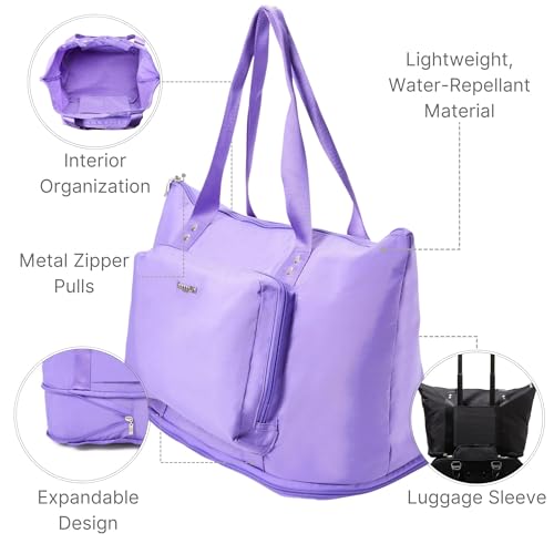 Baggallini Carryall Expandable Lightweight Travel Tote 22" Packable Folding Compact Nylon Washable Weekender w/Luggage Sleeve - color: Lavender Surf