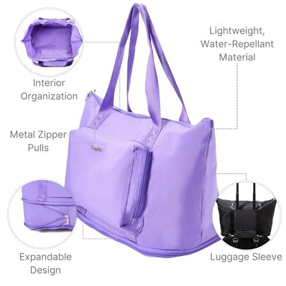 Baggallini Carryall Expandable Lightweight Travel Tote 22" Packable Folding Compact Nylon Washable Weekender w/Luggage Sleeve - color: Lavender Surf