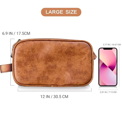 Elviros Toiletry Bag for Men, PU Leather Travel Dopp Kit, 2 Pack Gift Set - color: Brown, size: 2 Piece