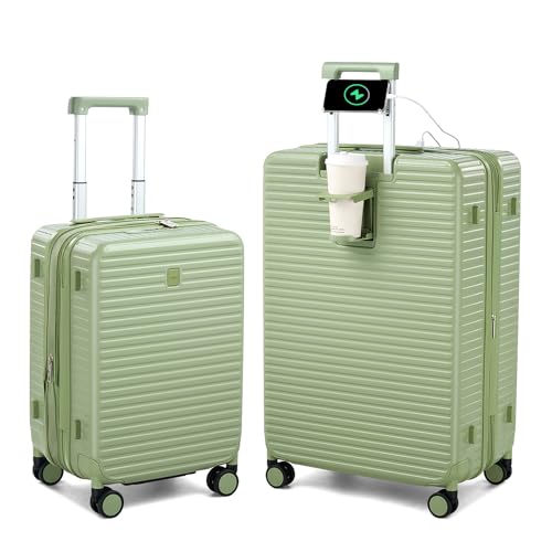 HanTrip 20"/28" Expandable Hard Case Luggage Sets 2 Piece, Bamboo Green - color: Bamboo Green, size: Expandable 2-Piece Set(20/28)