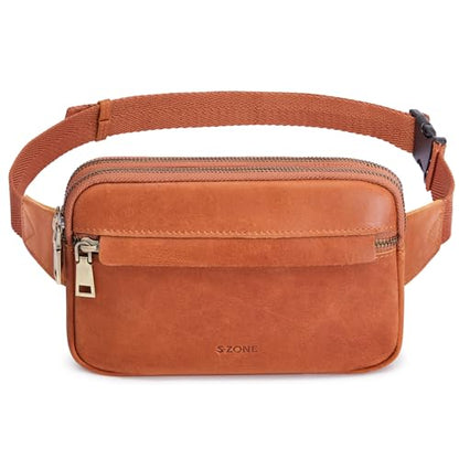 S-ZONE Fanny Packs for Women Genuine Leather RFID Blocking Crossbody Sling - color: Cognac