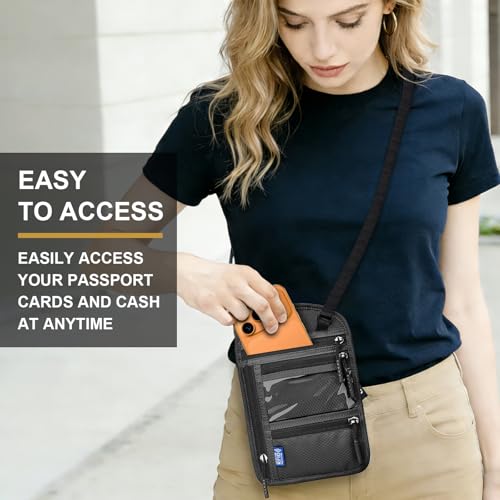 Passport Holder for Travel-RFID Blocking Neck Wallet-Money Pouch - color: Dark Grey