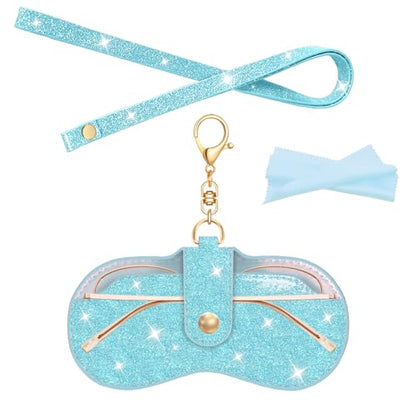 Glitter Glasses Case with Lanyard Soft Leather Sunglasses Bag with Hook - color: Blue