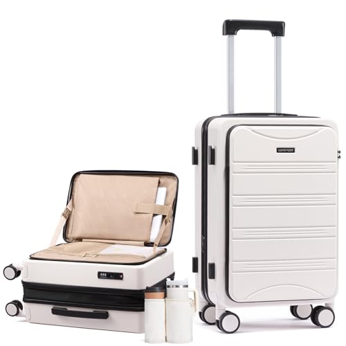 LOVEVOOK Carry On Luggage 20 Inch, Airline Approved Expandable Hard Shell Suitcase with Spinner Wheels, TSA Lock & Cup Holder, Fits Most Overhead Bins - color: White