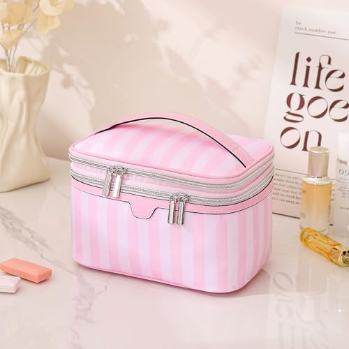 RSRSLEII Waterproof Large Striped Double Layer Travel Makeup Bag(1Top Open) - color: 01Top Open