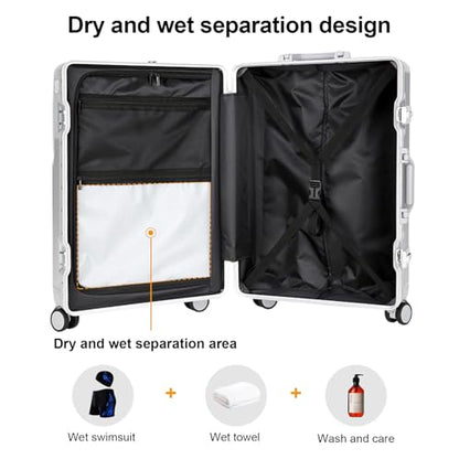 Carry on suitcase Zipperless Luggage,Polycarbonate Aluminum Hard Shell, Expandable Carry-On Suitcase with Spinner Wheels, 24 Inch Cabin - color: silver, size: 24 inch