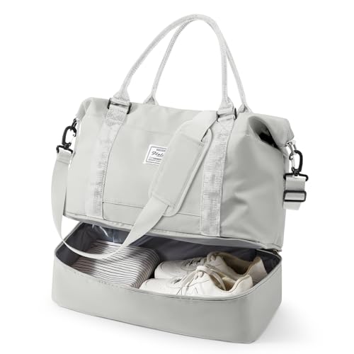 Travel Duffel Weekender Bag Women Tote Carry On Bags With Shoe Compartment - color: H13-LightGrey-0525, size: Large